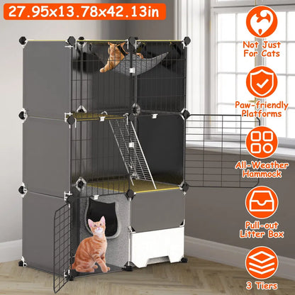 3-Tier Indoor Cat Cage with Pull-Out Litter Drawer, Ladder &amp; Reversible Hammock – view 11