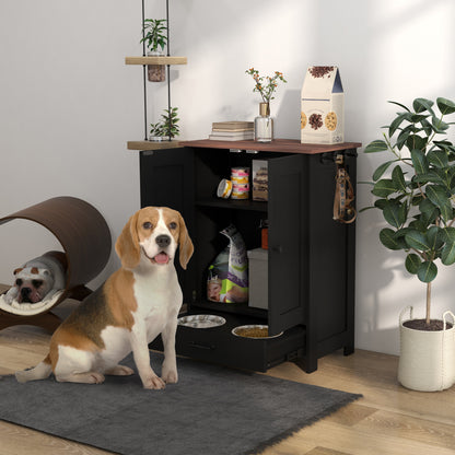 Dog Feeding Station with Storage Cabinet, Hidden Raised Bowls and Side Hooks for Medium Dogs, Black