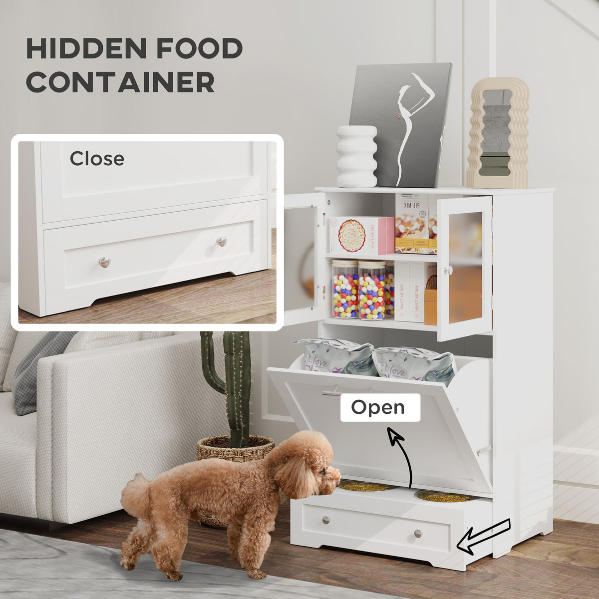 Dog Feeding Station with Two Storage Cabinets, Hidden Elevated Bowl Rack &amp; Leash Hooks, White – view 4