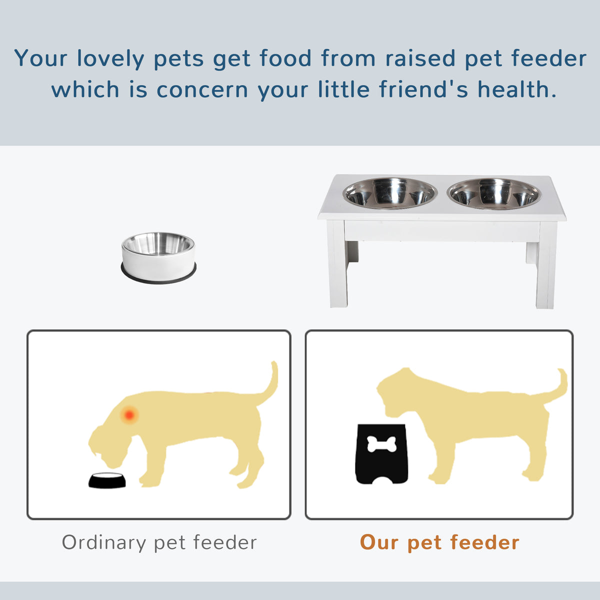 6 in Raised Double Dog Bowl Stand for Small Dogs, Wood Frame &amp; Stainless Steel Bowls, White – view 4