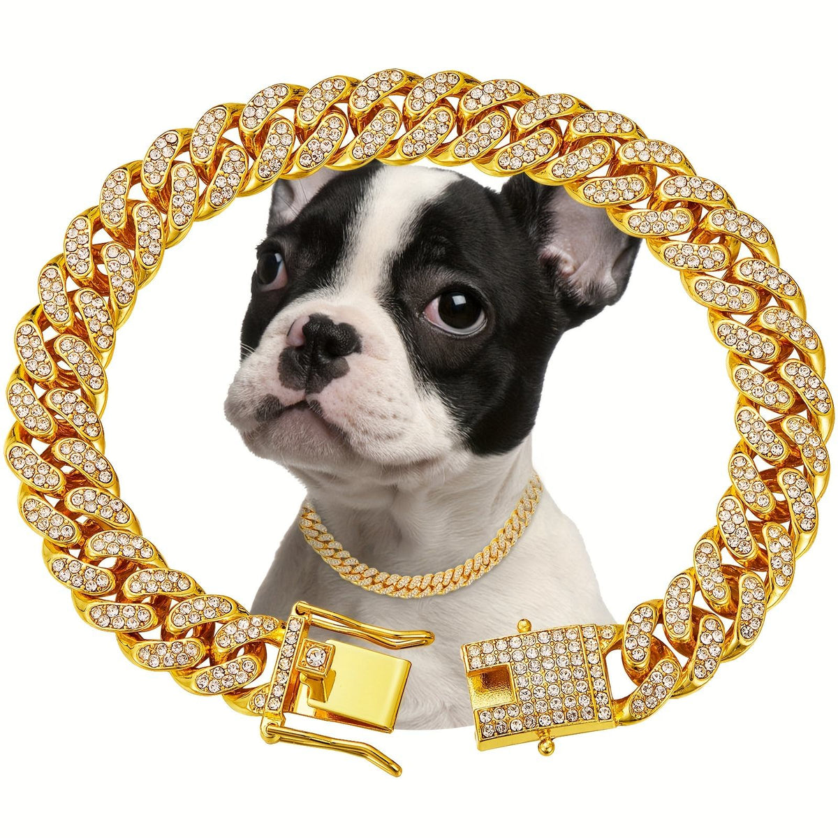 Shiny Metal Chain Dog Collar – Diamond-Style Alloy Necklace for Pets, Gold or Silver, S–3XL – view 2