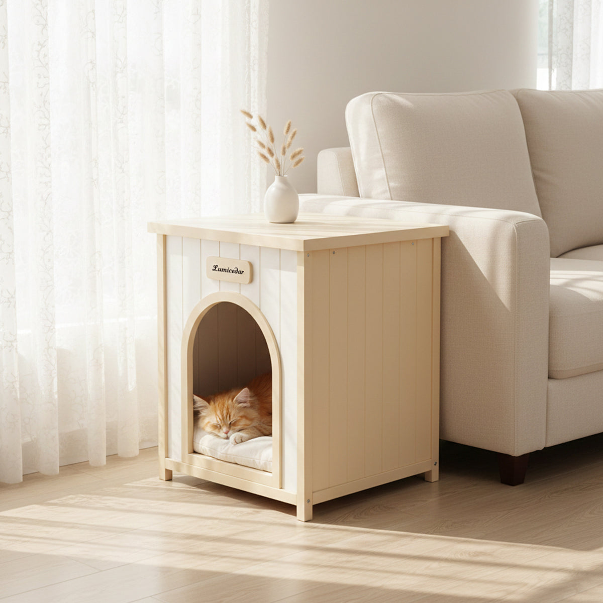 Solid Cedar Indoor Dog House – Removable Cushion, Side Table Top, Cream White &amp; Light Yellow – view 4
