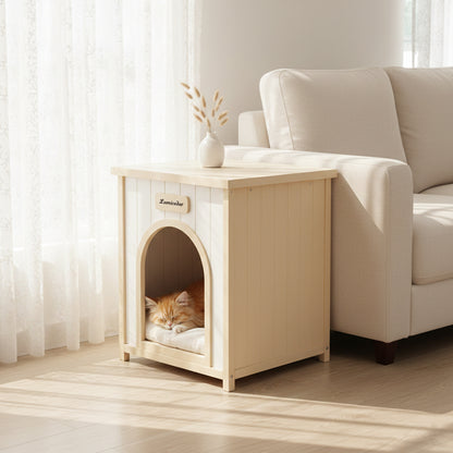 Solid Cedar Indoor Dog House – Removable Cushion, Side Table Top, Cream White &amp; Light Yellow – view 4