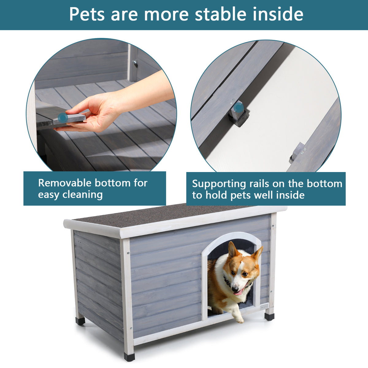 Medium Wooden Outdoor Dog House – Waterproof Asphalt Roof, Elevated Floor, Adjustable Feet, Gray – view 6