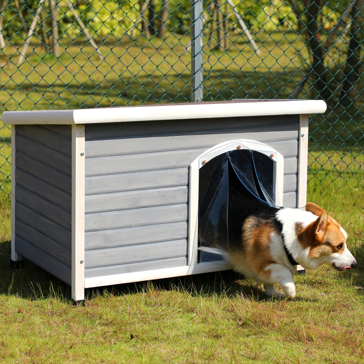 Medium Wooden Outdoor Dog House – Waterproof Asphalt Roof, Elevated Floor, Adjustable Feet, Gray – view 8