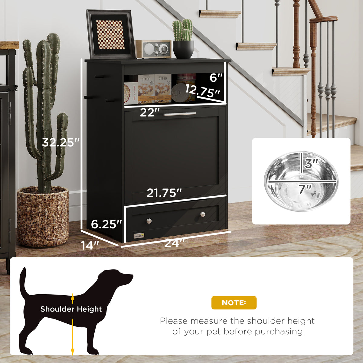 Pet Feeder Storage Cabinet with Pull-Out Bowl Drawer, Shelf &amp; Leash Hooks, Black – view 3