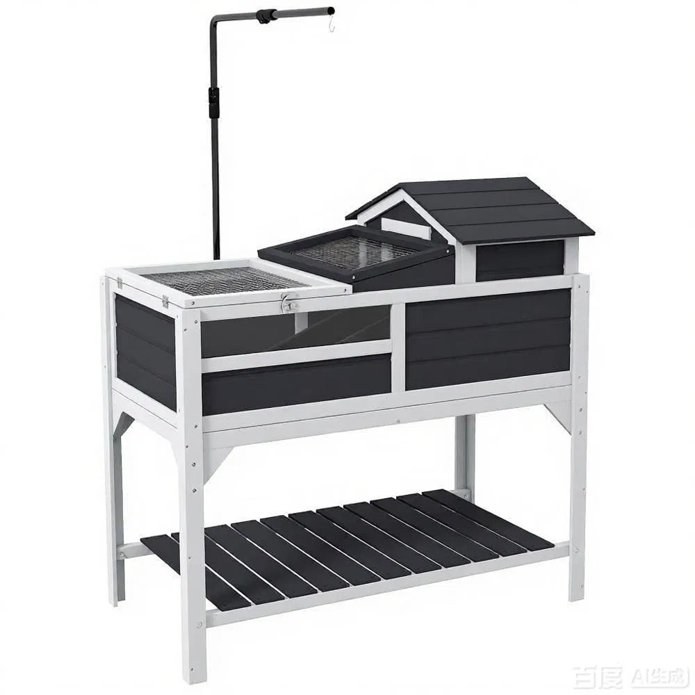 Two-Level Wooden Tortoise House with Run, Lamp Holder, Ramp &amp; Storage Shelf, Gray and White – view 2