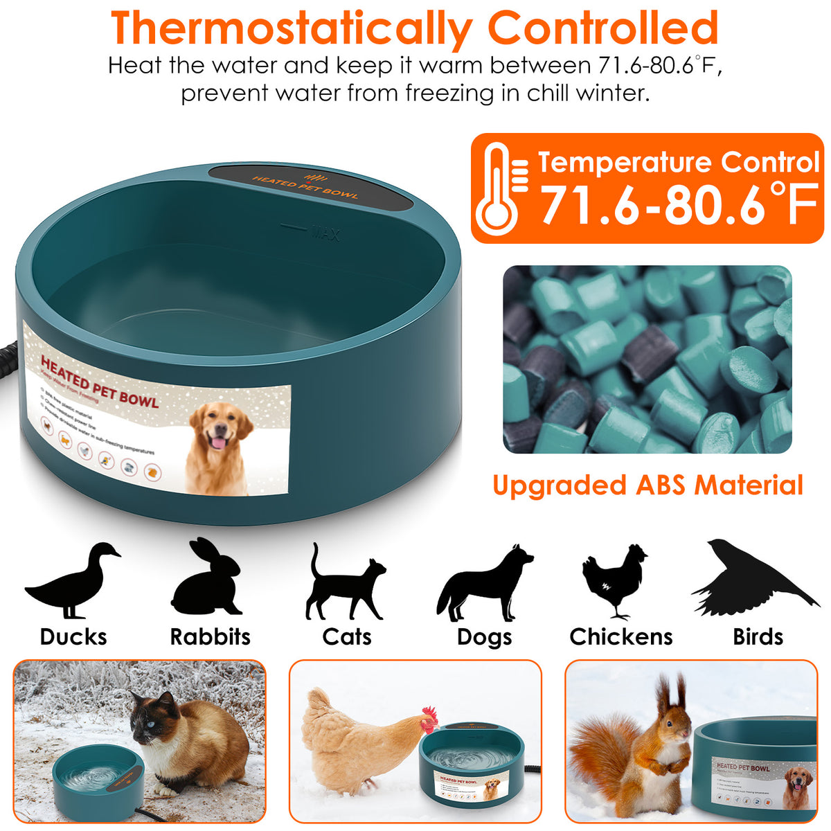 Heated Pet Water Bowl, 74.4 oz Thermostatic Winter Water Dish for Dogs, Cats &amp; Rabbits, Army Green – view 6
