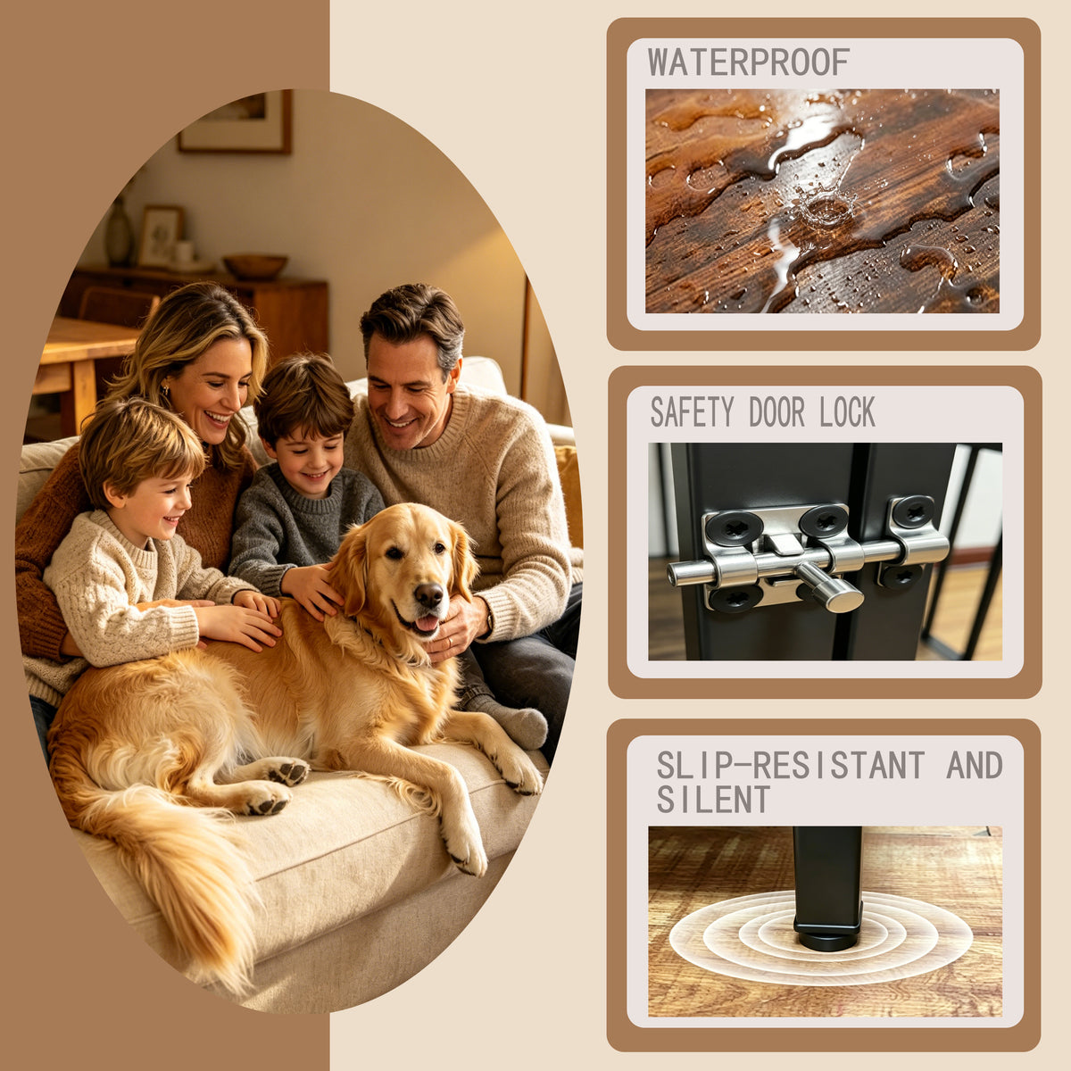 Wood Grain Metal Dog Crate Furniture – Double Outside-Fill Bowls, Bone Door Plaque, Brown &amp; Black – view 4