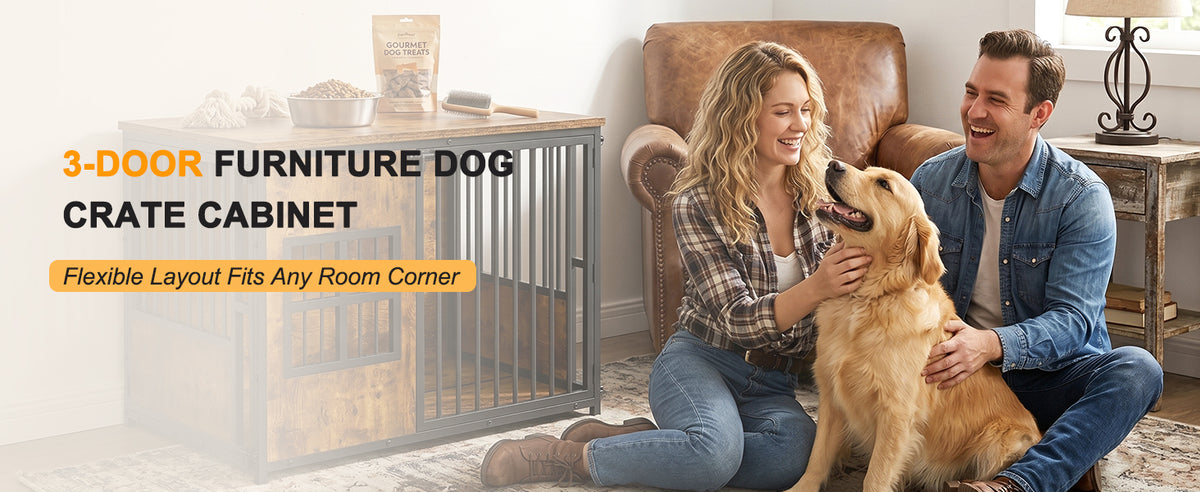 Wooden Dog Crate Furniture with Storage Top – Large Indoor Kennel, Antique Brown – view 7