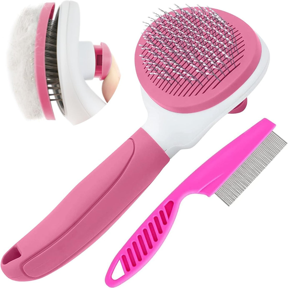 Self-Cleaning Cat Brush with Metal Comb – Release Button Slicker Brush for Shedding, Pink