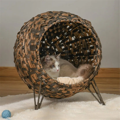 Elevated Wicker Cat House with Cushion – Hand-Woven Water Hyacinth Cat Bed, Brown – view 6