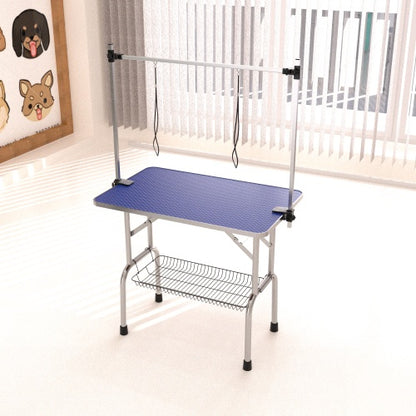 42-Inch Dog &amp; Cat Grooming Table – Stainless Steel Legs, Adjustable Arm &amp; Storage Basket, Blue