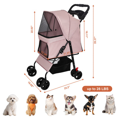 Foldable Pet Stroller for Small Dogs and Cats – One-Hand Fold, Tray, Storage Basket, Pink – view 4