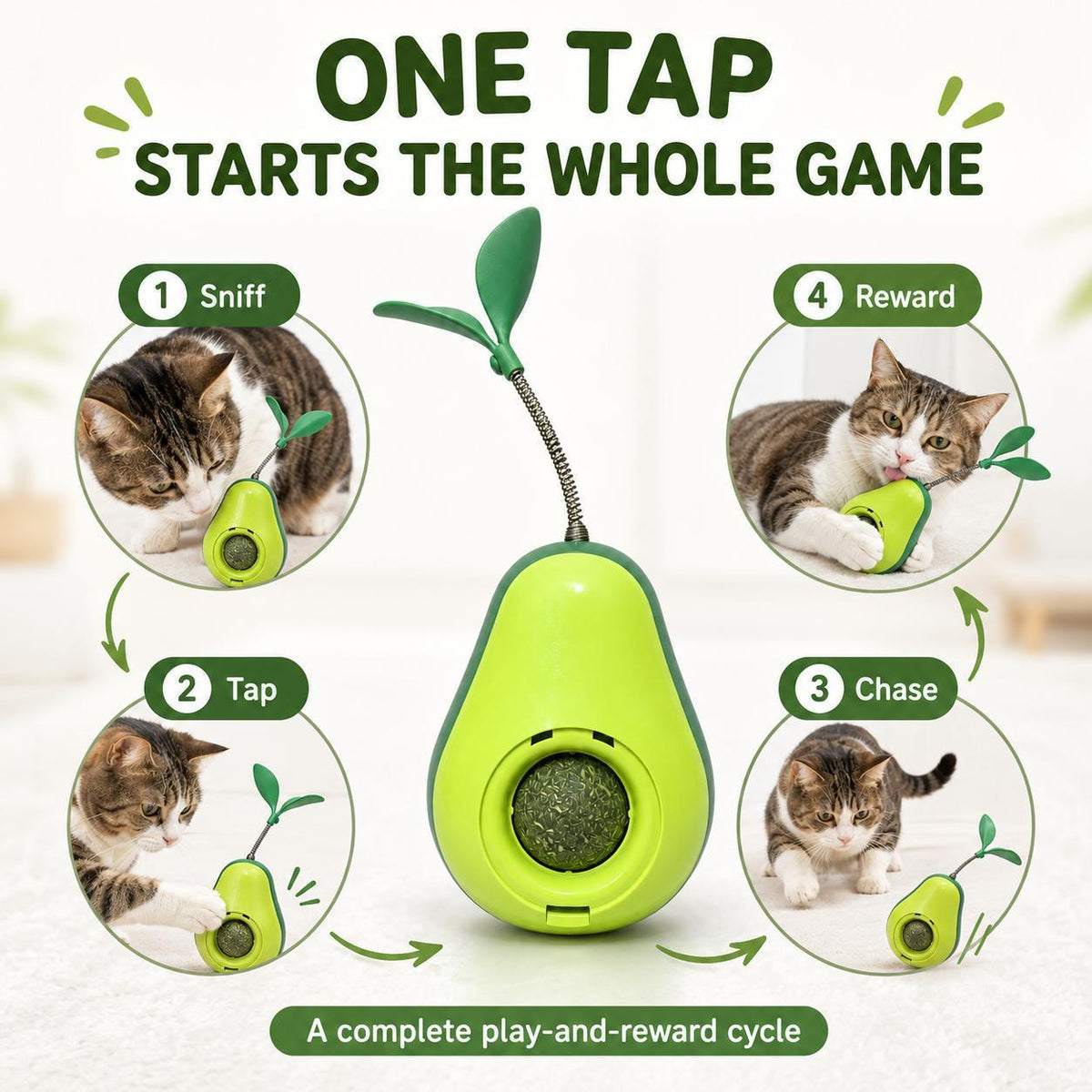 Avocado-Shaped Cat Tumbler Toy with Spring Feather Teaser and Removable Catnip Ball – view 5