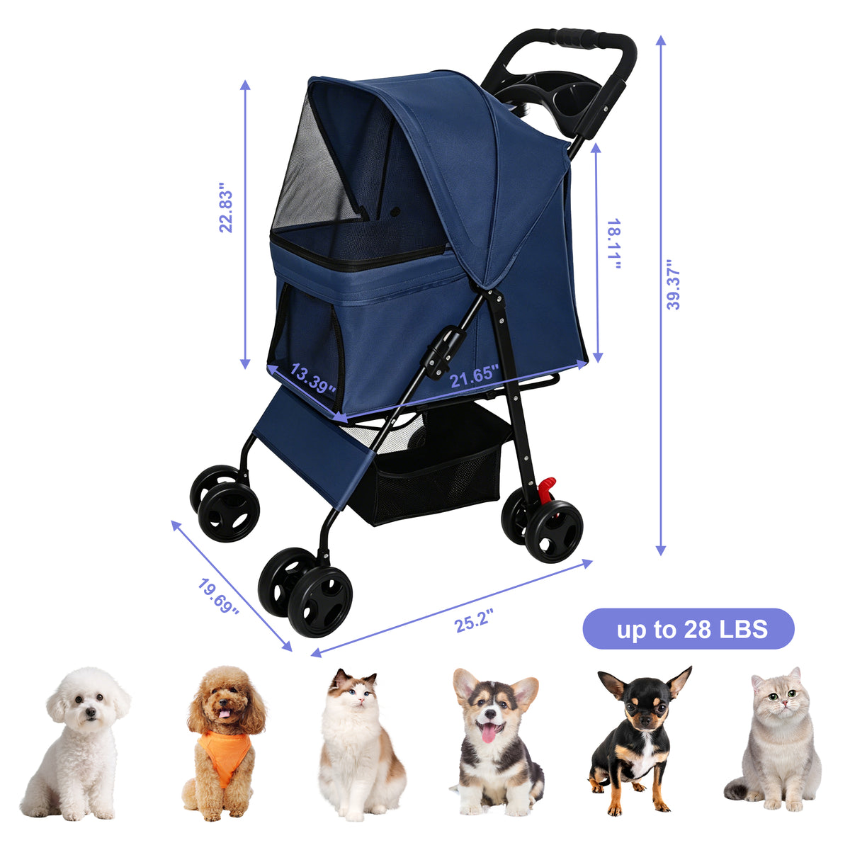 Foldable Pet Stroller for Small Dogs and Cats – Up to 28 lbs, Tray, Storage Basket, 4 Wheels, Blue – view 4