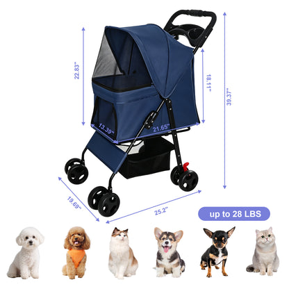 Foldable Pet Stroller for Small Dogs and Cats – Up to 28 lbs, Tray, Storage Basket, 4 Wheels, Blue – view 4