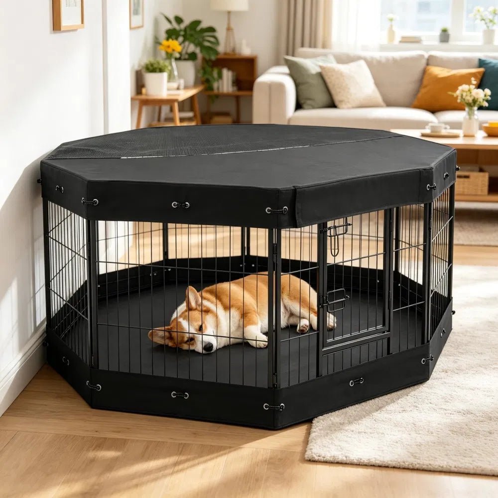 8-Panel Octagon Dog Playpen with Top Cover &amp; Floor Mat – 24 in High – view 6