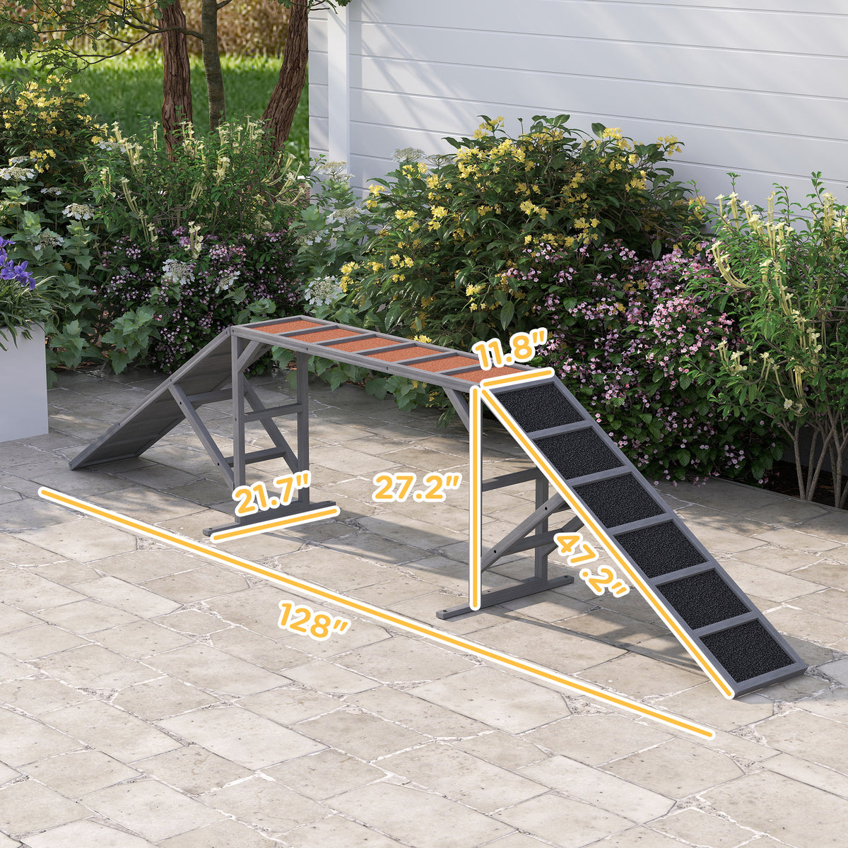 Wooden Dog Agility Ramp with Safety Bars and Anti-Slip Surface, 35° Slope, Gray – view 6