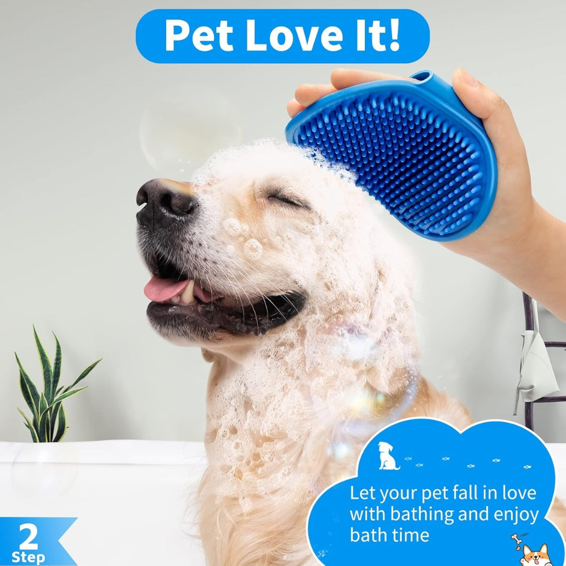 Dog Bath Brush Set – Shampoo Dispensing Brush &amp; 2 Adjustable Ring-Handle Scrubbers, Blue – view 6