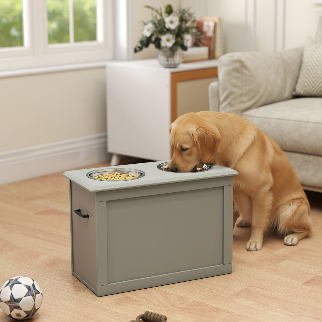 Raised Dog Feeder with Hidden Storage, Side Handles and 2 Stainless Steel Bowls for Large Dogs, Gray