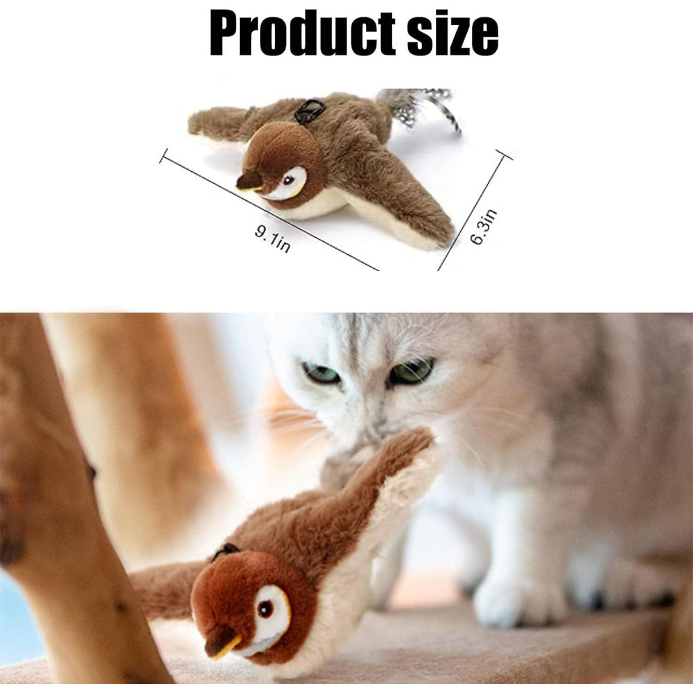 USB Rechargeable Flapping Bird Cat Toy, Chirping Plush Sparrow with Real Feathers and Catnip – view 7