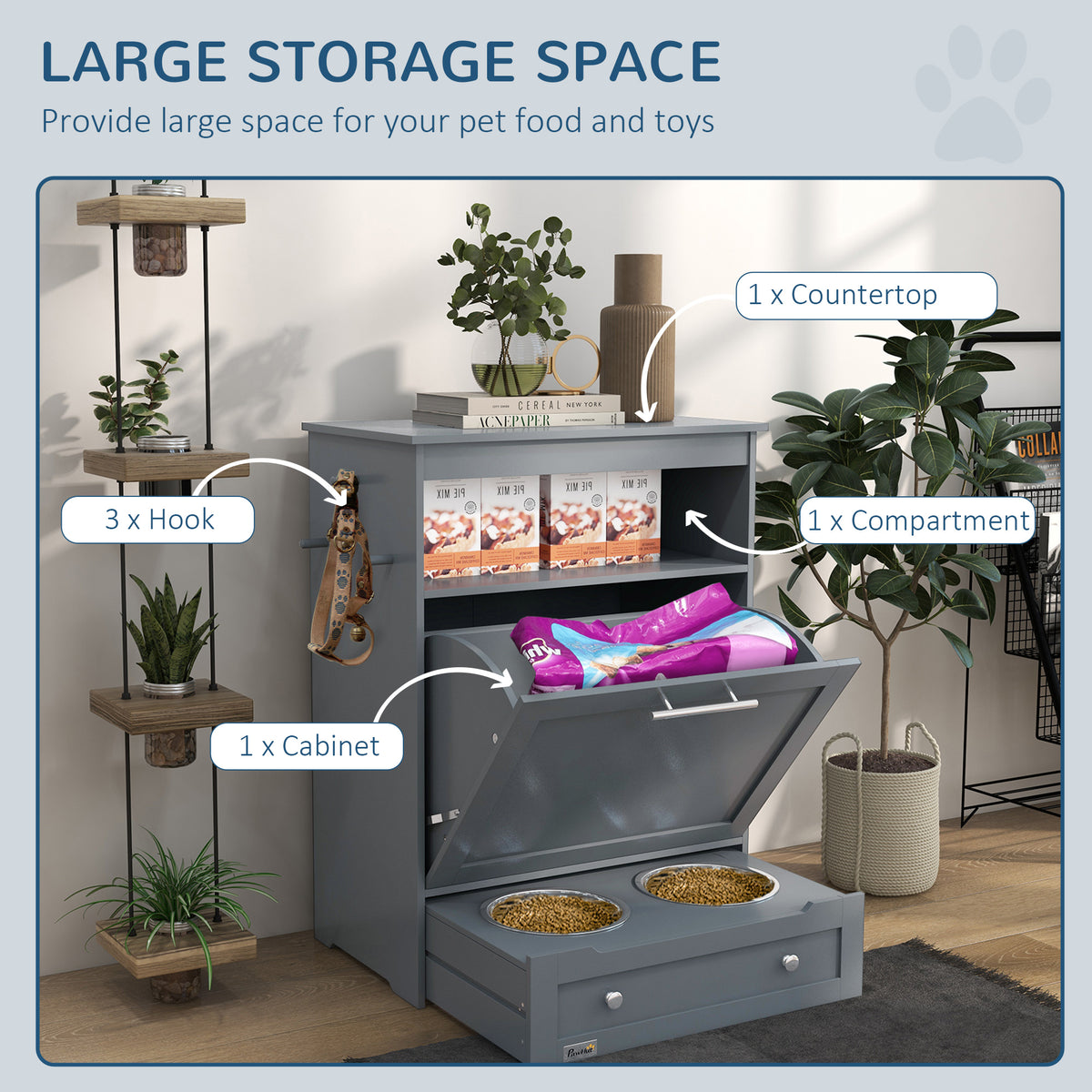 Pet Feeding Station Cabinet with Pull-Out Raised Bowl Drawer, Hooks and Storage, Grey – view 4