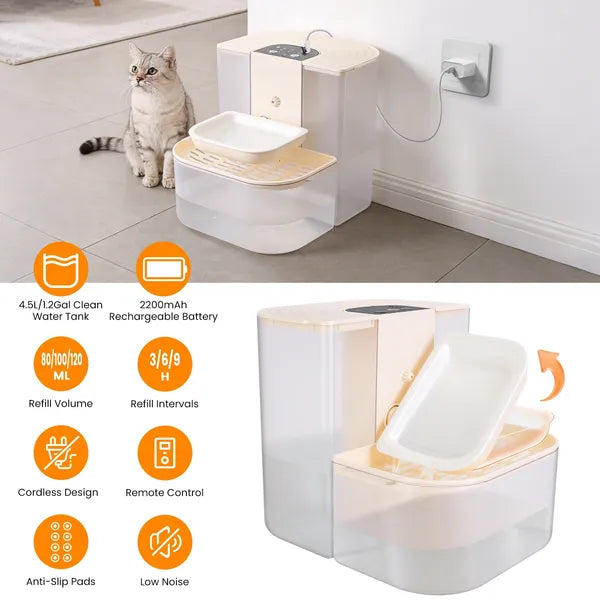 Cordless Automatic Pet Water Fountain, 4.5 L Dual-Tank Filtered Dispenser with Remote Control