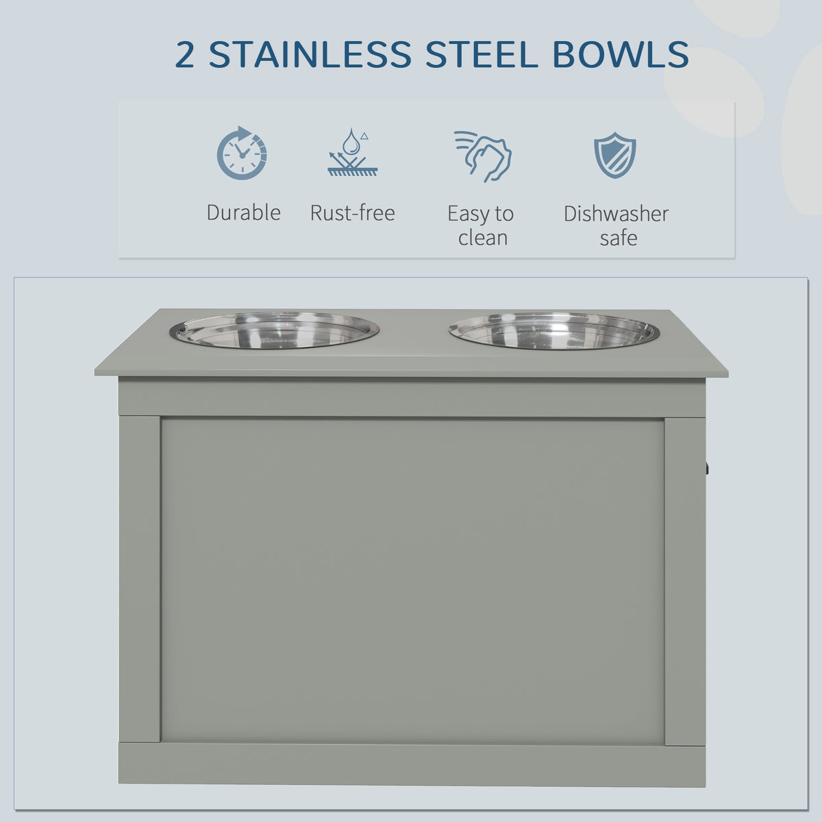 Raised Dog Feeder with Hidden Storage, Side Handles and 2 Stainless Steel Bowls for Large Dogs, Gray – view 5