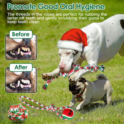 Christmas Rope Dog Chew Toys 5-Piece Set, Red, Green and White Cotton Knots and Ball – view 7