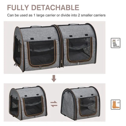 Foldable Double Cat Carrier – Converts to 2 Carriers, Mesh Windows, Seat Belt Strap, Gray – view 3