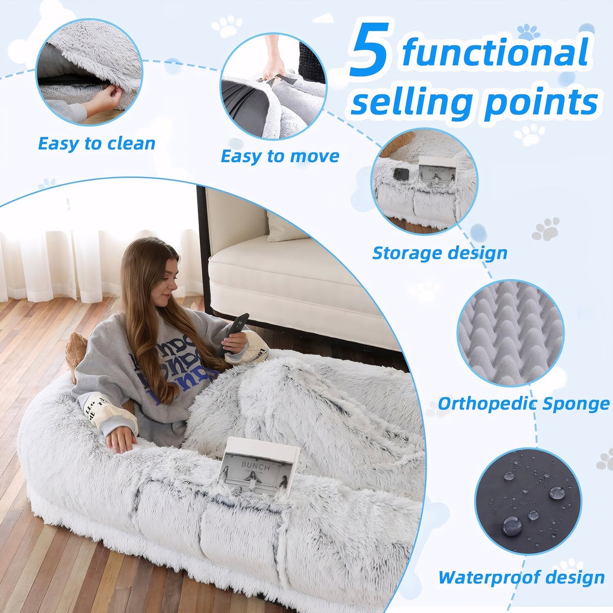 Human Dog Bed for People and Pets – Washable Faux Fur Nap Bed, 71 x 45 x 14 in, Gray – view 4