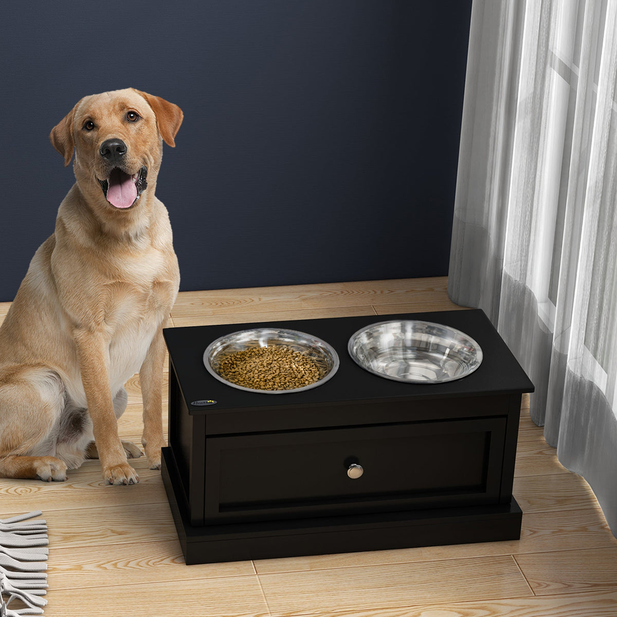 Elevated Dog Bowl Stand with 11L Storage Drawer &amp; 2 Stainless Steel Bowls for Large Dogs – Black