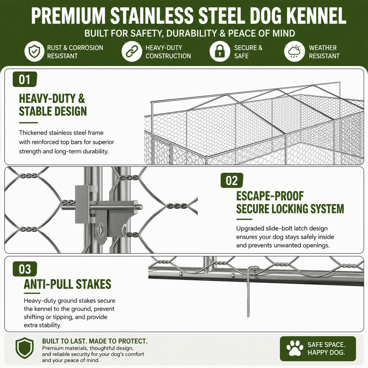 Large Outdoor Dog Kennel with Canopy – 20x10 Ft, Galvanized Steel, Elevated Feeding Bowls, Silver – view 8