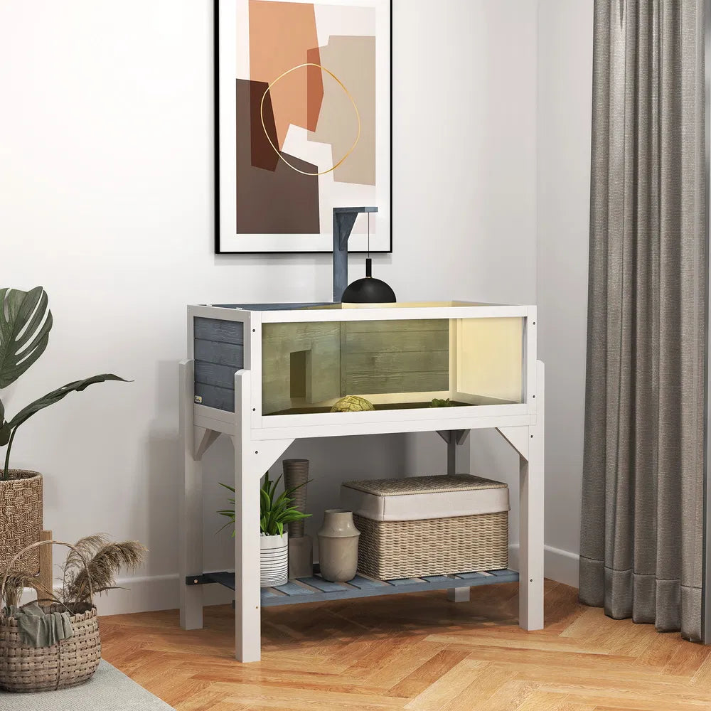 Fir Wood Tortoise House with Basking Room – Clear Panels, Lamp Holder &amp; Tray, Gray &amp; White – view 8