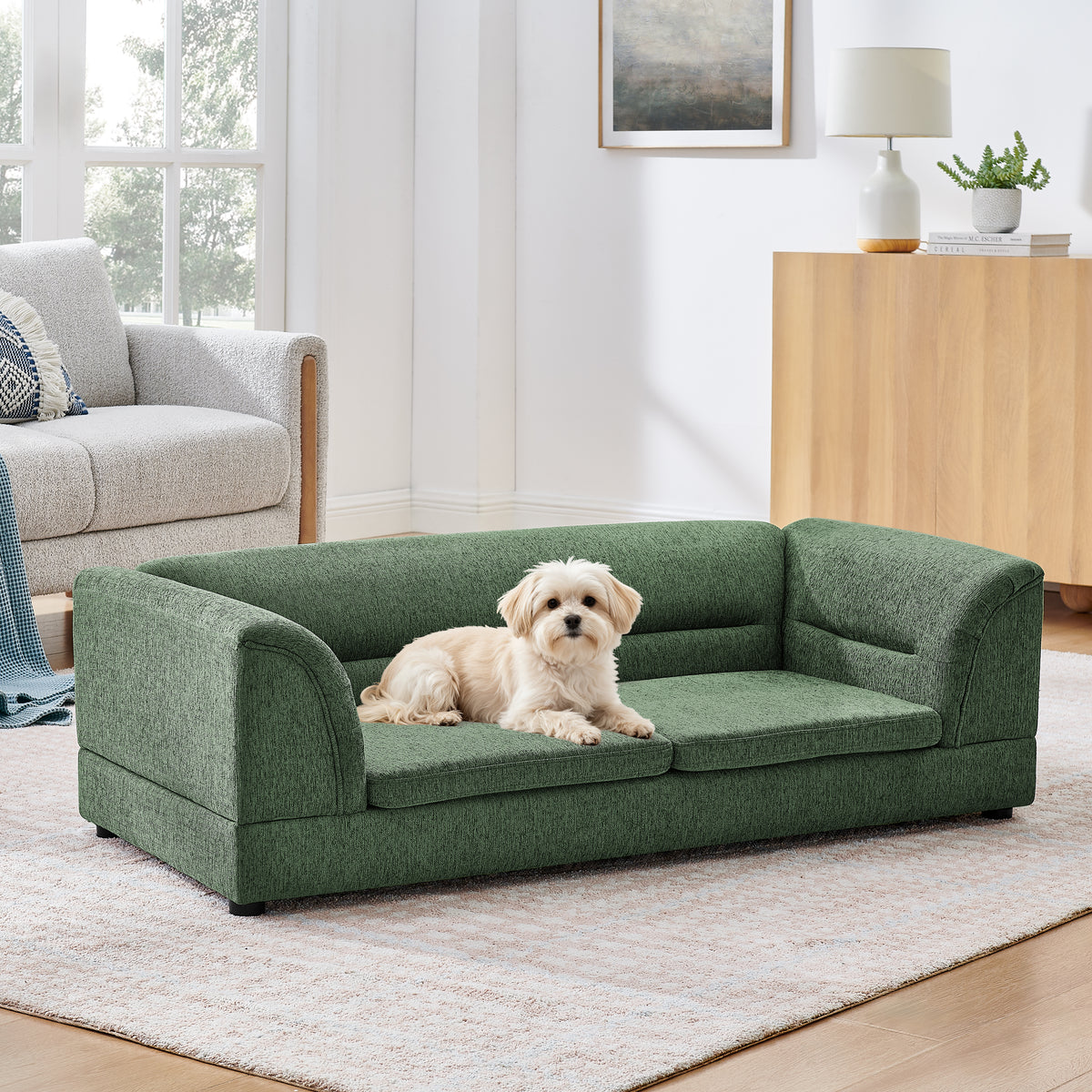 Oversized Linen Dog Sofa – Curved Armrests, Raised Frame, Thick Cushion, for Large Dogs, Olive Green – view 3