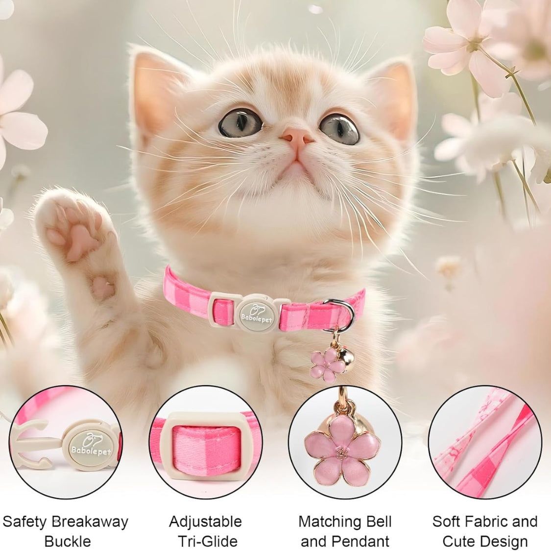 Pink Breakaway Cat Collars 2-Pack – Plaid Bow, Bell &amp; Flower Pendant, Adjustable 7.8–12 in – view 4