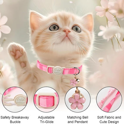 Pink Breakaway Cat Collars 2-Pack – Plaid Bow, Bell &amp; Flower Pendant, Adjustable 7.8–12 in – view 4
