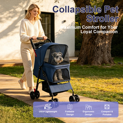 Foldable Pet Stroller for Small Dogs and Cats – Up to 28 lbs, Tray, Storage Basket, 4 Wheels, Blue – view 8