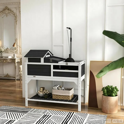 Two-Level Wooden Tortoise House with Run, Lamp Holder, Ramp &amp; Storage Shelf, Gray and White – view 6