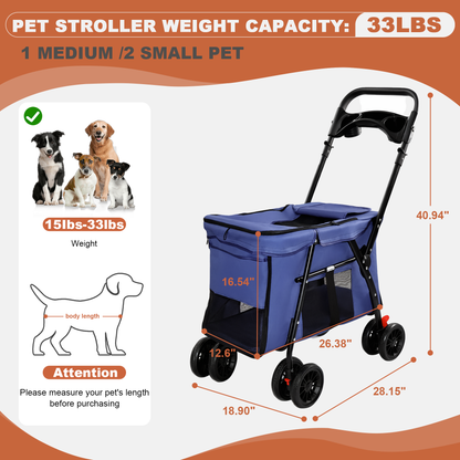 Foldable 4-Wheel Pet Stroller – Breathable Mesh, Shockproof Wheels, Brakes, Holds 33 lbs, Navy Blue – view 4