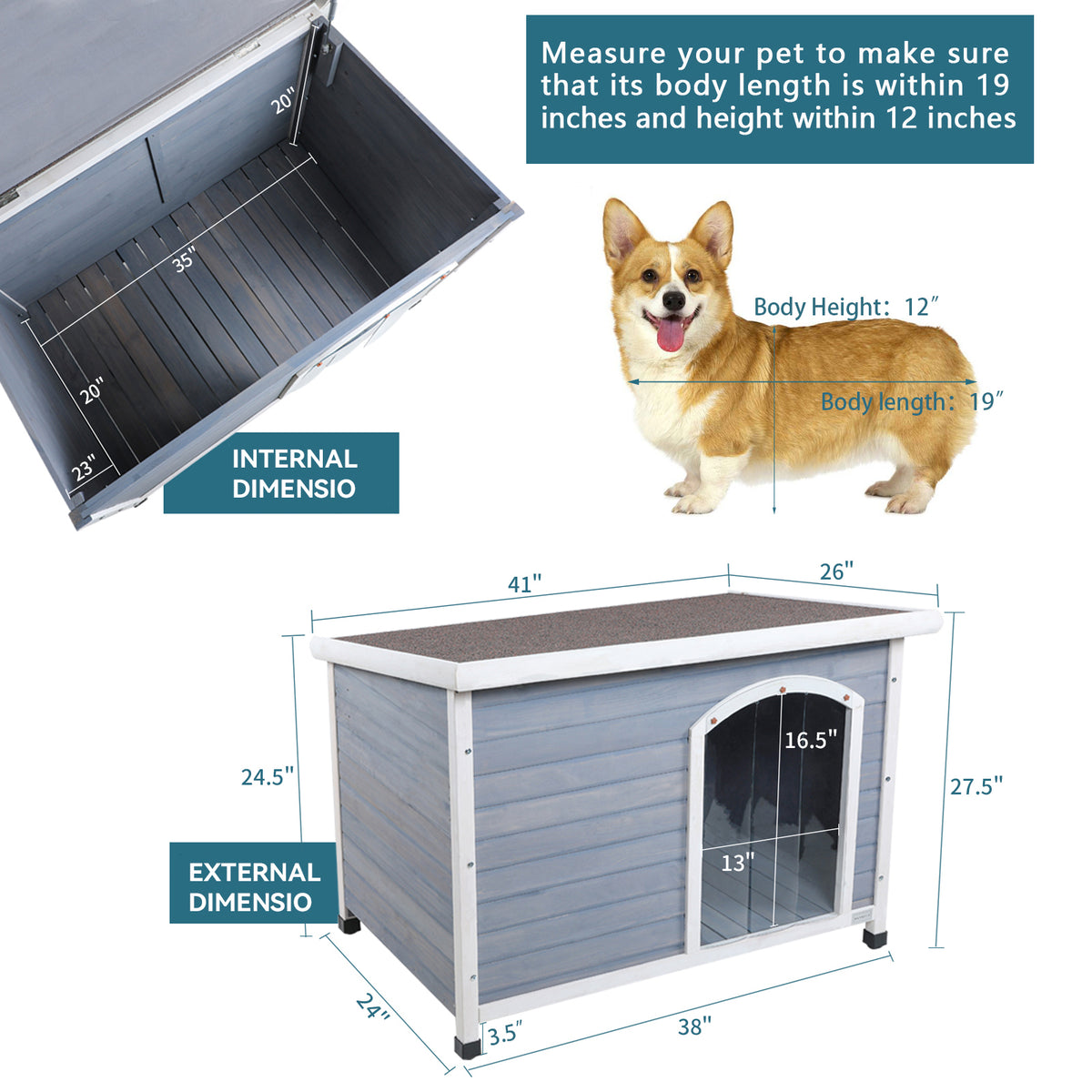 Medium Wooden Outdoor Dog House – Waterproof Asphalt Roof, Elevated Floor, Adjustable Feet, Gray – view 3