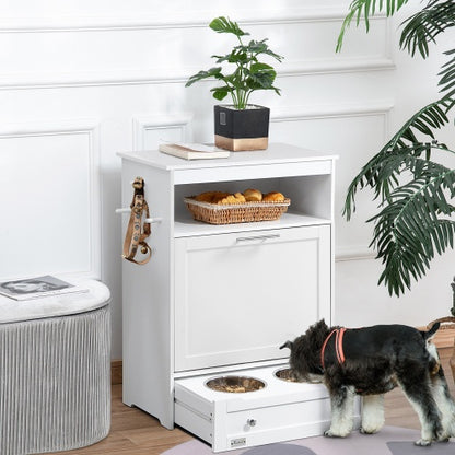 Pet Feeder Station Cabinet with Pull-Out Bowl Drawer, Storage Shelves &amp; Hooks – White