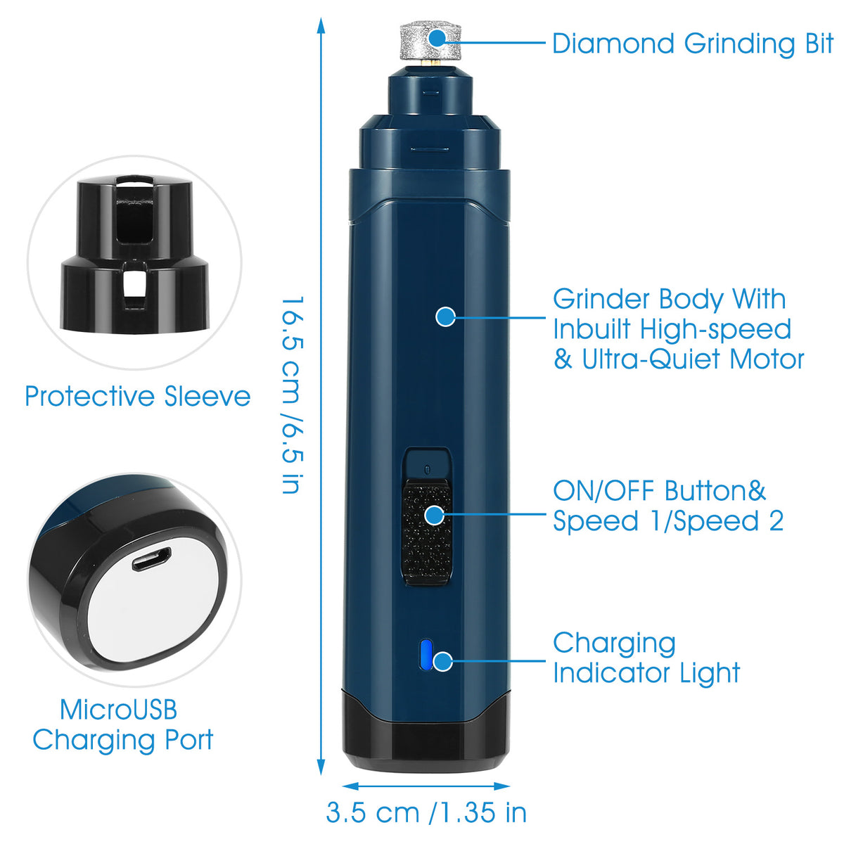 Pet Nail Grinder with Diamond Bit and USB Charging Cable – 2 Speeds, Low Noise, Blue – view 6