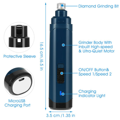 Pet Nail Grinder with Diamond Bit and USB Charging Cable – 2 Speeds, Low Noise, Blue – view 6