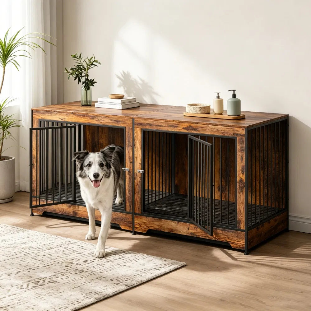 Double Dog Crate Furniture with Divider – End Table / TV Stand for 2 Dogs