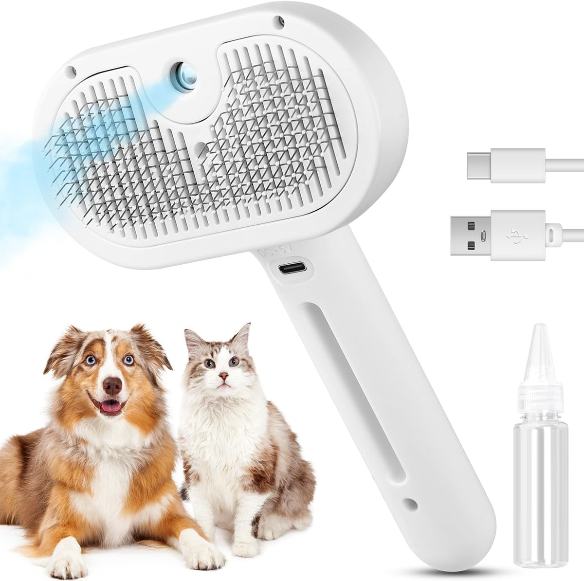 3-in-1 Pet Steam Brush – Water Mist Spray Grooming Brush with Self-Cleaning Release Button