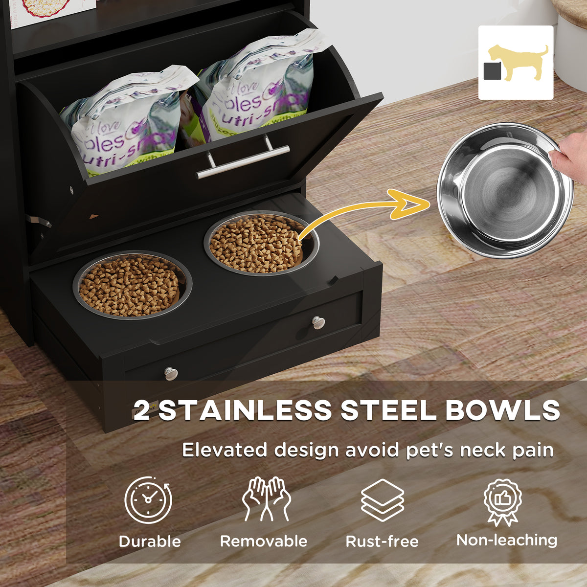 Pet Feeder Storage Cabinet with Pull-Out Bowl Drawer, Shelf &amp; Leash Hooks, Black – view 4