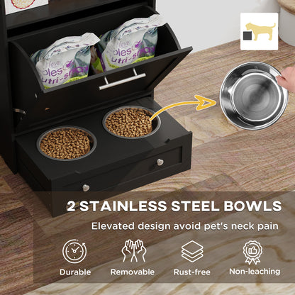 Pet Feeder Storage Cabinet with Pull-Out Bowl Drawer, Shelf &amp; Leash Hooks, Black – view 4