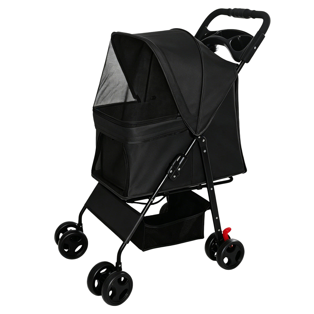 Foldable Pet Stroller for Small Dogs and Cats – One-Hand Fold, Tray, Storage Basket, Black